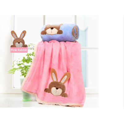 Baby deken, wikkeldeken voor in de wieg/kinderwagen/Maxi Cosi of als omslagdoek roze 100x75 met konijn
